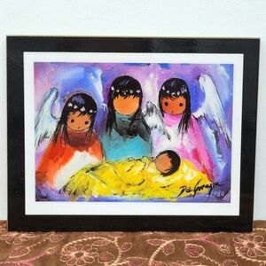 Vintage DeGrazia Signed Print Laminated Plaque 1980 Nativity Christmas Angels